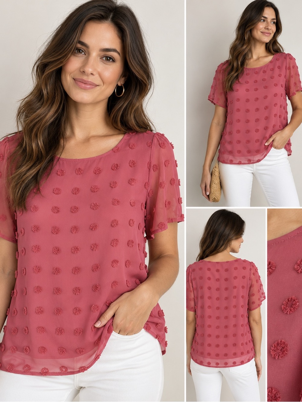 Textured Dot Short-Sleeve Blouse in Rose, Rose Sheer, Large.